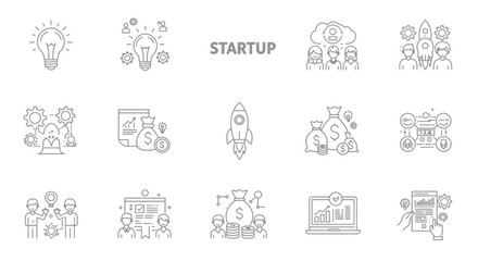 Fototapeta premium Startup Icon Set: Business, Innovation, and Success in a Simple Line Drawing Style