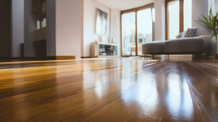 Fototapeta premium Gleaming wood floors reflect light in this interior shot, showcasing a living space with a sofa, cabinet and windows.