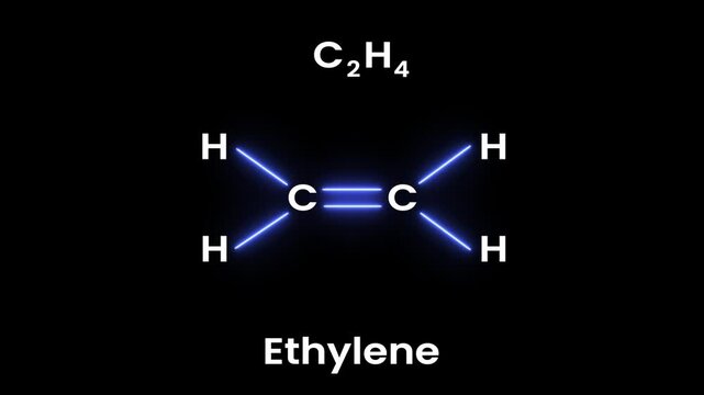Ethylene (C2H4) molecular structure, Ethylene&rsquo;s double bond reacts with bromine to form dibromoethane. Chemical structural formula of Ethylene. (C2H4)