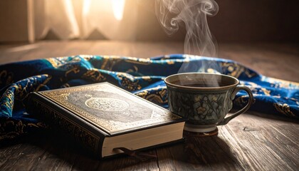 Generated image. A prayer mat, folded cloth, the Koran and a cup of hot coffee on the table