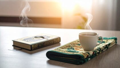 Generated image. A prayer mat, folded cloth, the Koran and a cup of hot coffee on the table
