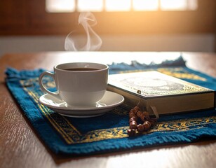 Generated image. A prayer mat, folded cloth, the Koran and a cup of hot coffee on the table