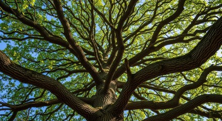 Majestic Tree Canopy: Intricate Branches and Luminous Green Leaves Against a Clear Blue Sky