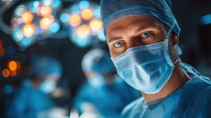 professional surgeon in blue scrubs and a surgical mask, performing a delicate operation under bright operating room
