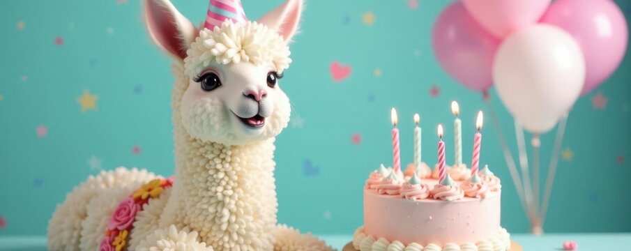 Happy alpaca with pastel birthday cake and balloons , cake, fun
