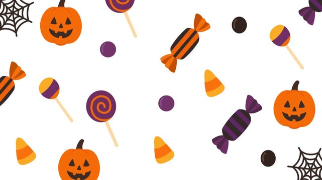 Colorful flat animation of Halloween candy pattern featuring pumpkins, lollipops, and sweets on a white background. Perfect for party invitations, halloween festival, and motion graphics.