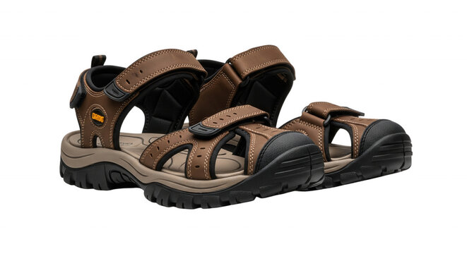 Men&rsquo;s brown hiking sandals with rugged soles and velcro straps, isolated PNG on transparent background