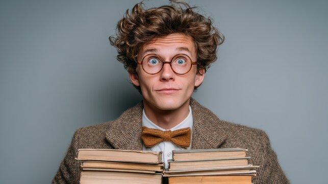 Young professor holding pile of books looking over his glasses