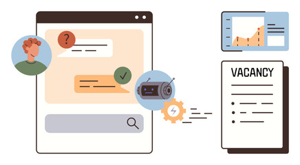 Chat interface with AI automation, user conversation, graph analytics, and job vacancy listing. Ideal for recruitment, job search, AI solutions, digital transformation, career growth data