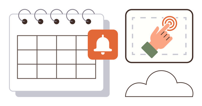 Calendar grid with orange reminder bell, notification touch interaction screen, minimalistic cloud design. Ideal for scheduling, reminders, planning, task management, cloud backup, productivity