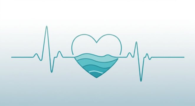 A heart with a heartbeat on it showing outlined heartbeat line gently merging into calm waves, stability and balance