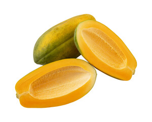Fresh ripe whole and sliced yellow papaya fruit Isolated on transparent background