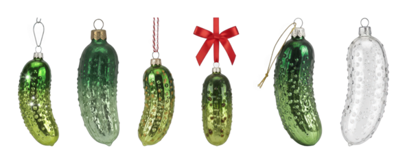 Pickle Christmas ornament set including various green, silver, and clear designs isolated. Unique holiday decoration collection.