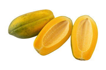 Fresh ripe whole and sliced yellow papaya fruit Isolated on transparent background