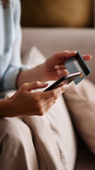 Paying with card via phone. Person sitting, holding phone and card for a secure transaction online while relaxing on couch.