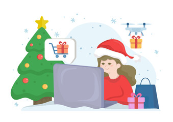 Online Christmas Shopping Vector Illustration – Woman Buying Gifts on Laptop with Drone Delivery and Christmas Tree