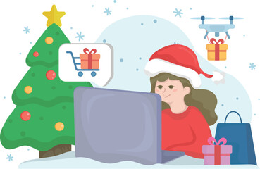 Online Christmas Shopping Vector Illustration ? Woman Buying Gifts on Laptop with Drone Delivery and Christmas Tree.eps