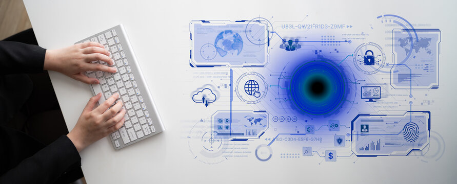 A futuristic command center interface for managing a global technology platform. The dashboard includes data security, network administration, and biometric user authentication. Fermion