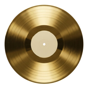 Golden vinyl record LP disc with concentric grooves, music award gold record, isolated on transparent background PNG clipart