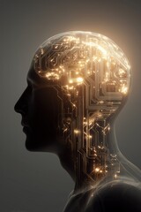 Conceptual illustration of a human head silhouette with the brain replaced by glowing circuit patterns and wires.