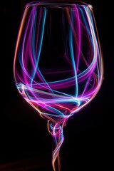 Abstract outline of a wine glass glowing in vibrant neon pink, purple, and electric blue, set against a deep black background.