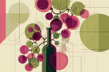 A stylized, flat illustration of a grapevine morphing into the shape of a wine bottle, with clusters of grapes becoming abstract circles.