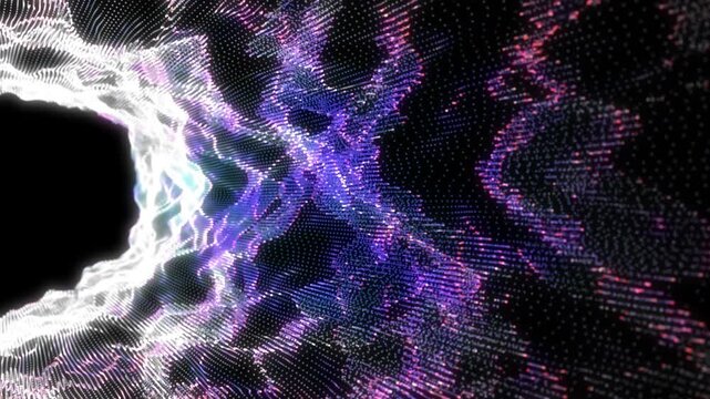 Iridescent landscape of glowing pink, white, and blue light particles