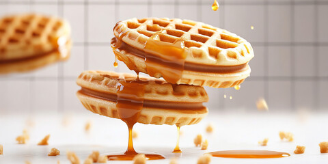 Waffles with caramel sauce are levitating