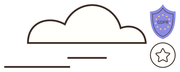 Cloud with a shield featuring GDPR and a star in a circle symbolizing compliance, trust, and quality. Ideal for privacy, security, data governance, IT standards, regulations, transparency simple