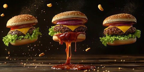 Three burgers are levitating with lots of ketchup sauce on dark background