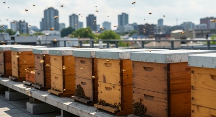 A bunch of bees showing photograph of urban beekeeping hives on city rooftop with bees flying