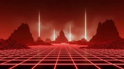 Retro futuristic landscape with neon grid and mountains - Powered by Adobe