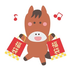 福袋を買ったかわいい馬のキャラクターイラスト素材