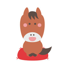 座布団に座っているかわいい馬のキャラクターイラスト素材