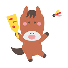 羽つきをするかわいい馬のキャラクターイラスト素材