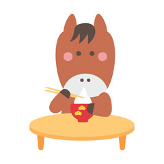 雑煮を食べるかわいい馬のキャラクターイラスト素材