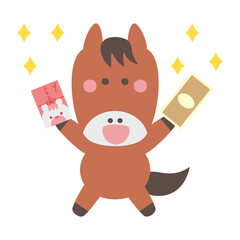 お年玉をもらって喜ぶかわいい馬のキャラクターイラスト素材