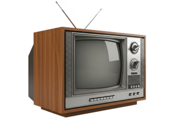 Vintage CRT television with rabbit ears antenna, wooden cabinet retro TV set, isolated PNG on transparent background