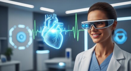Innovative doctor using augmented reality to examine glowing heart hologram in modern clinic for cutting-edge medical advancements and health solutions