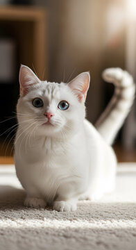 Charming Munchkin Cat Portrait: A lovely munchkin cat, known for its short legs and gentle nature, sits gracefully in a warmly lit space. The cat gazes towards the viewer.