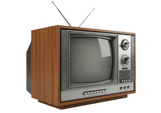 Vintage CRT television with rabbit ears antenna, wooden cabinet retro TV set, isolated PNG on transparent background