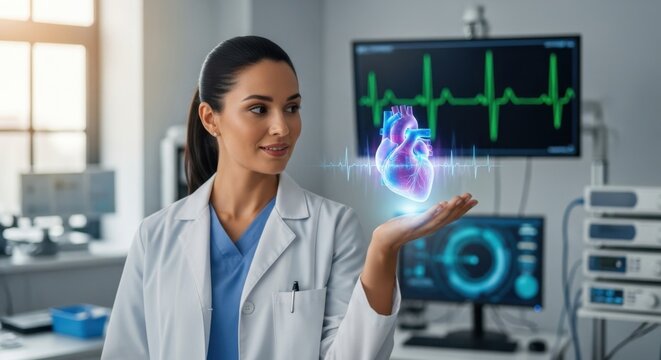Innovative doctor visualizing heart health with technology in a futuristic lab, promoting wellness and medical breakthroughs for a healthier tomorrow