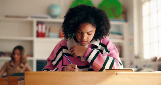 School, university and girl in classroom writing for exam, test and quiz in lesson. College, academy and students with notes, books and answers for education, learning and studying for assessment