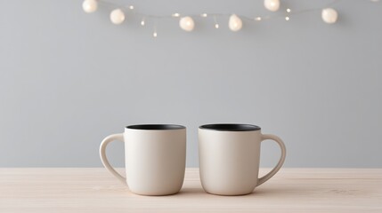 Fototapeta premium Festive Christmas minimalist collab Two neutral-colored mugs on a wooden surface with decorative lights in the background.