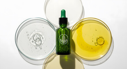 Serum Essence: A laboratory setup featuring a small green glass dropper bottle of serum, positioned amidst four petri dishes with varying clear and gold liquids.