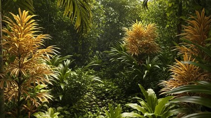 Lush jungle with dense foliage and vibrant green plants - Powered by Adobe