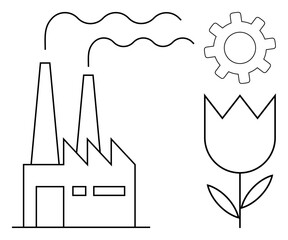 Factory emitting smoke with a gear and flower representing environmental balance, industry, growth, eco-friendliness, renewable energy, innovation, green technology. Ideal for sustainability
