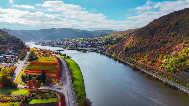 Aerial drone view of wine region of the Mosel Valley in autumn. Wine tourism Turant Castle, Rhineland-Palatinate, Germany . High quality 4k footage