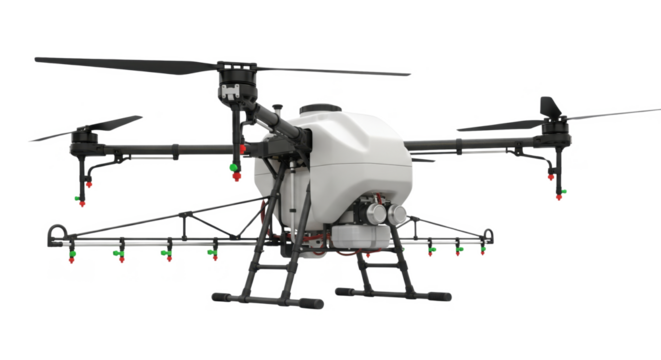 Agricultural Spray Drone Quadcopter with Chemical Tank and Nozzles – PNG Transparent Background Farming UAV Clipart