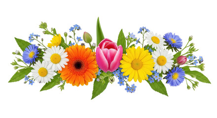 Colorful wildflower bouquet border with daisies, gerbera, rose and greenery, horizontal floral garland, isolated PNG on transparent background